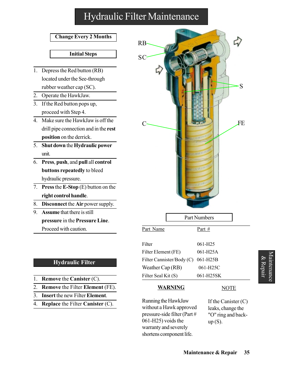 Hydraulic filter maintenance | Hawk Industries Hawkjaw Jr. Manual 65K-2GJR Serial Numbers 21 to 32 User Manual | Page 35 / 147