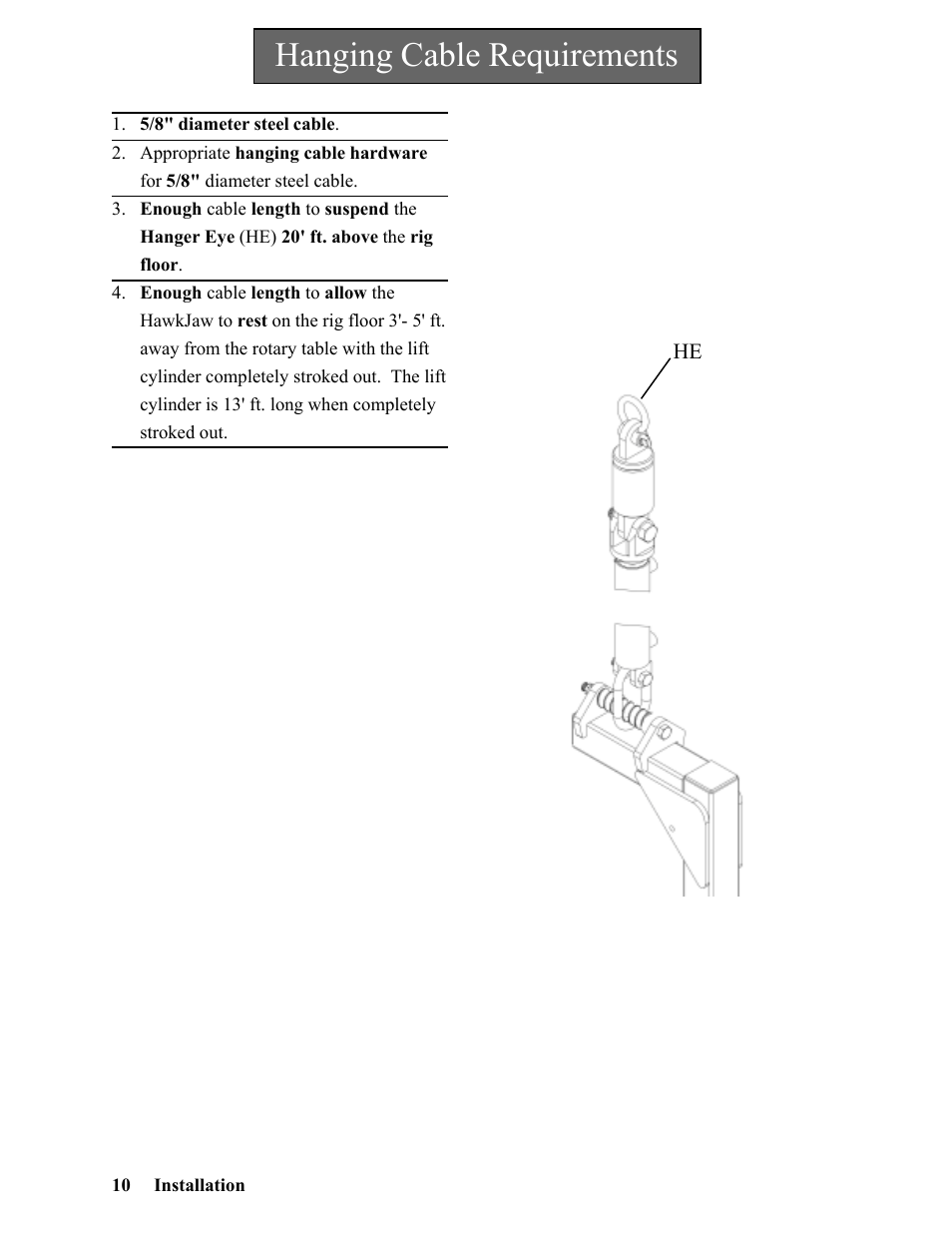 Hanging cable requirements | Hawk Industries Hawkjaw Sr. Manual 100K-2GSR Serial Numbers 101 to 120 User Manual | Page 10 / 165