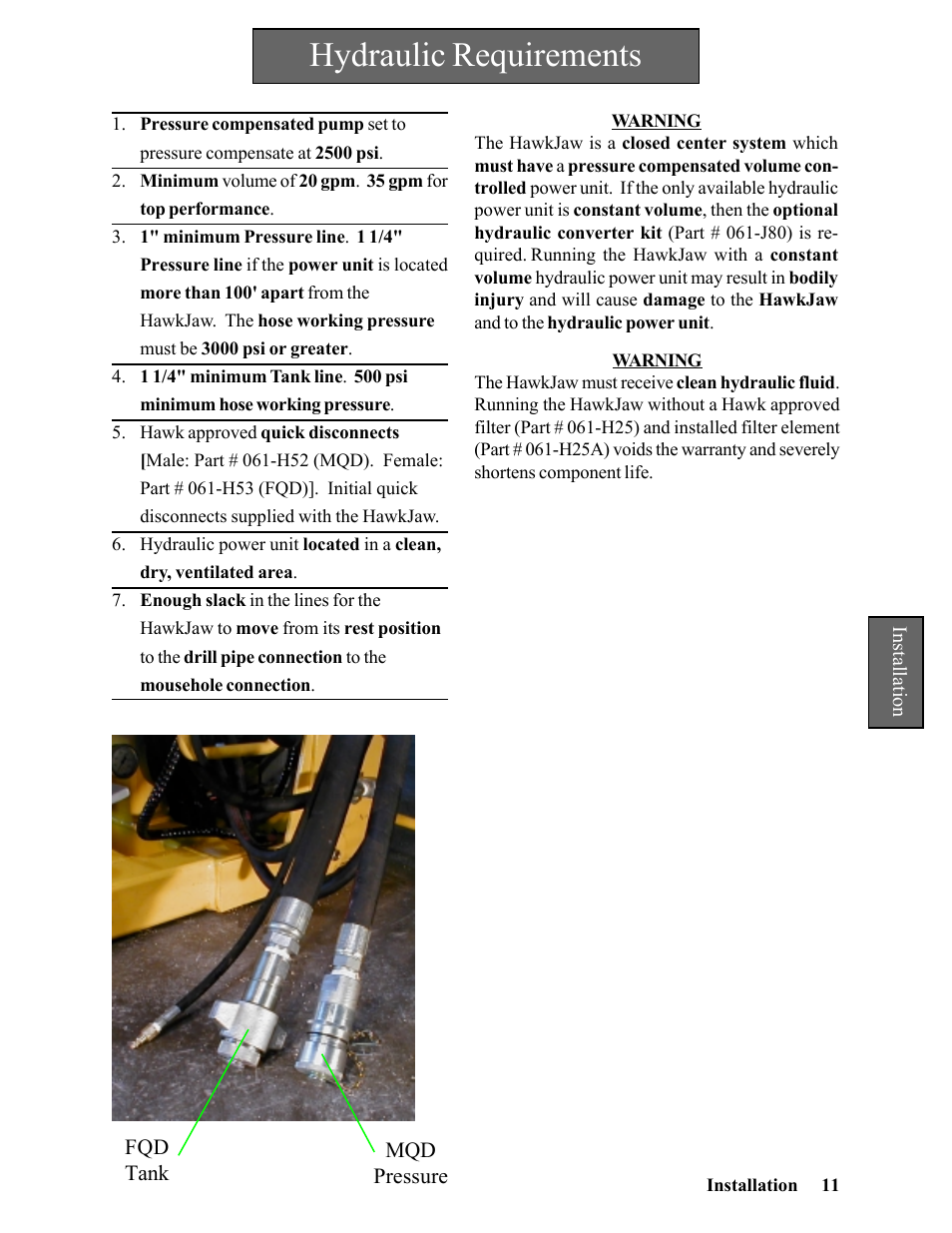 Hydraulic requirements | Hawk Industries Hawkjaw Sr. Manual 100K-2GSR Serial Numbers 101 to 120 User Manual | Page 11 / 165