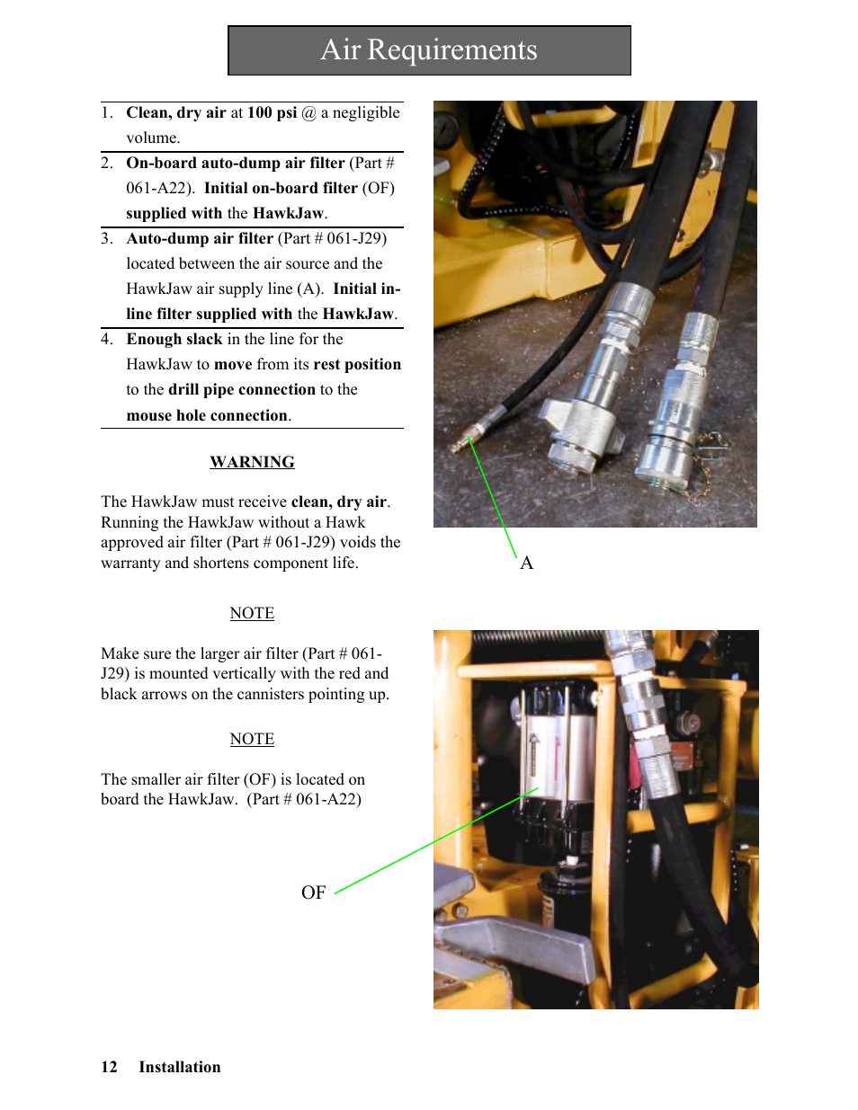 Air requirements | Hawk Industries Hawkjaw Sr. Manual 100K-2GSR Serial Numbers 101 to 120 User Manual | Page 12 / 165