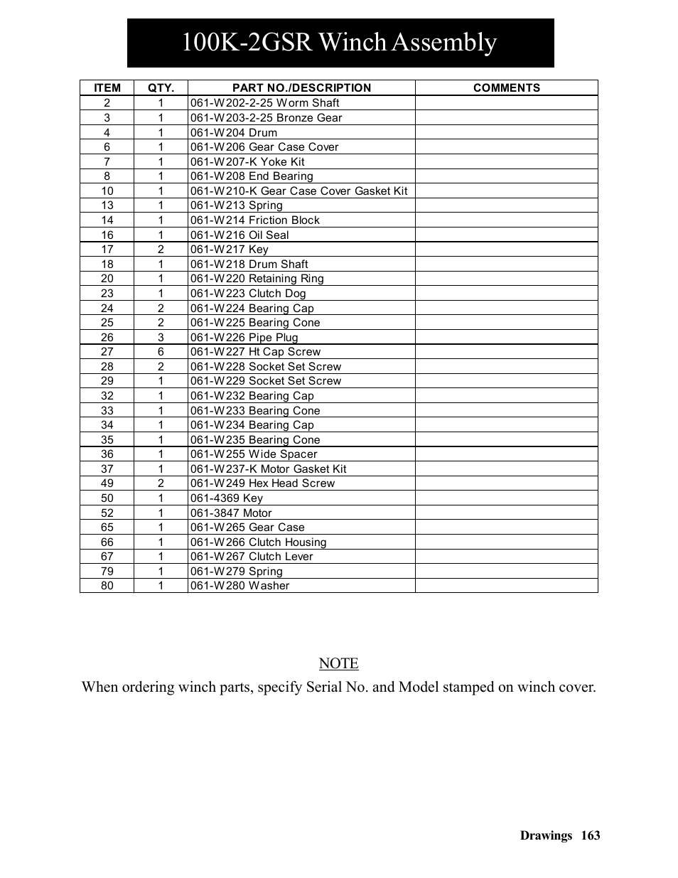 100k-2gsr winch assembly | Hawk Industries Hawkjaw Sr. Manual 100K-2GSR Serial Numbers 101 to 120 User Manual | Page 163 / 165