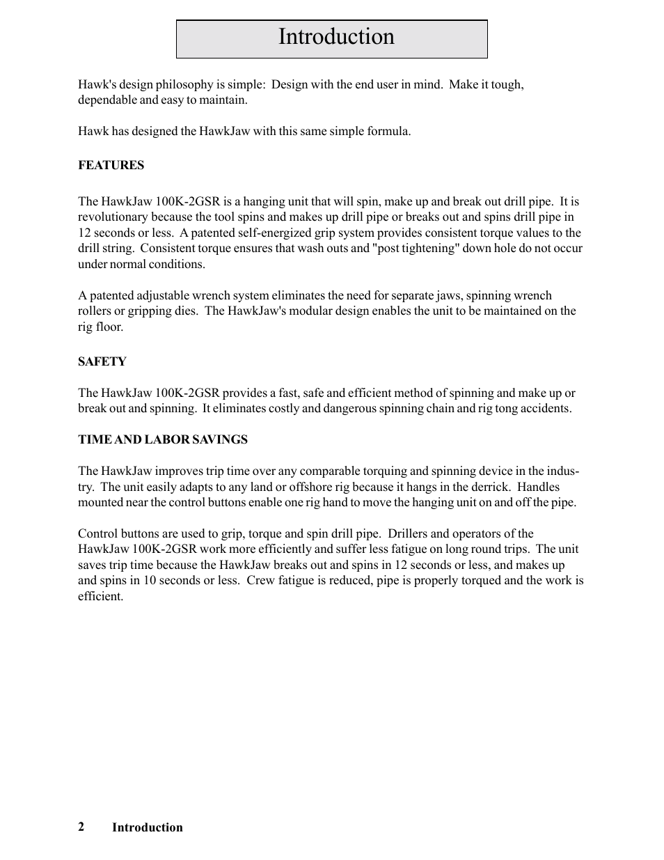 Introduction | Hawk Industries Hawkjaw Sr. Manual 100K-2GSR Serial Numbers 101 to 120 User Manual | Page 2 / 165