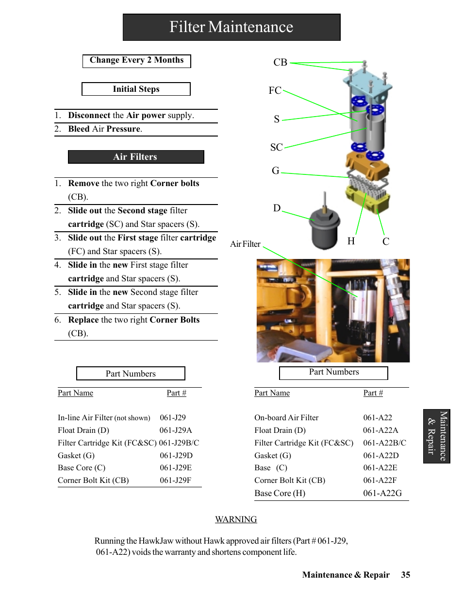 Filter maintenance | Hawk Industries Hawkjaw Sr. Manual 100K-2GSR Serial Numbers 101 to 120 User Manual | Page 35 / 165