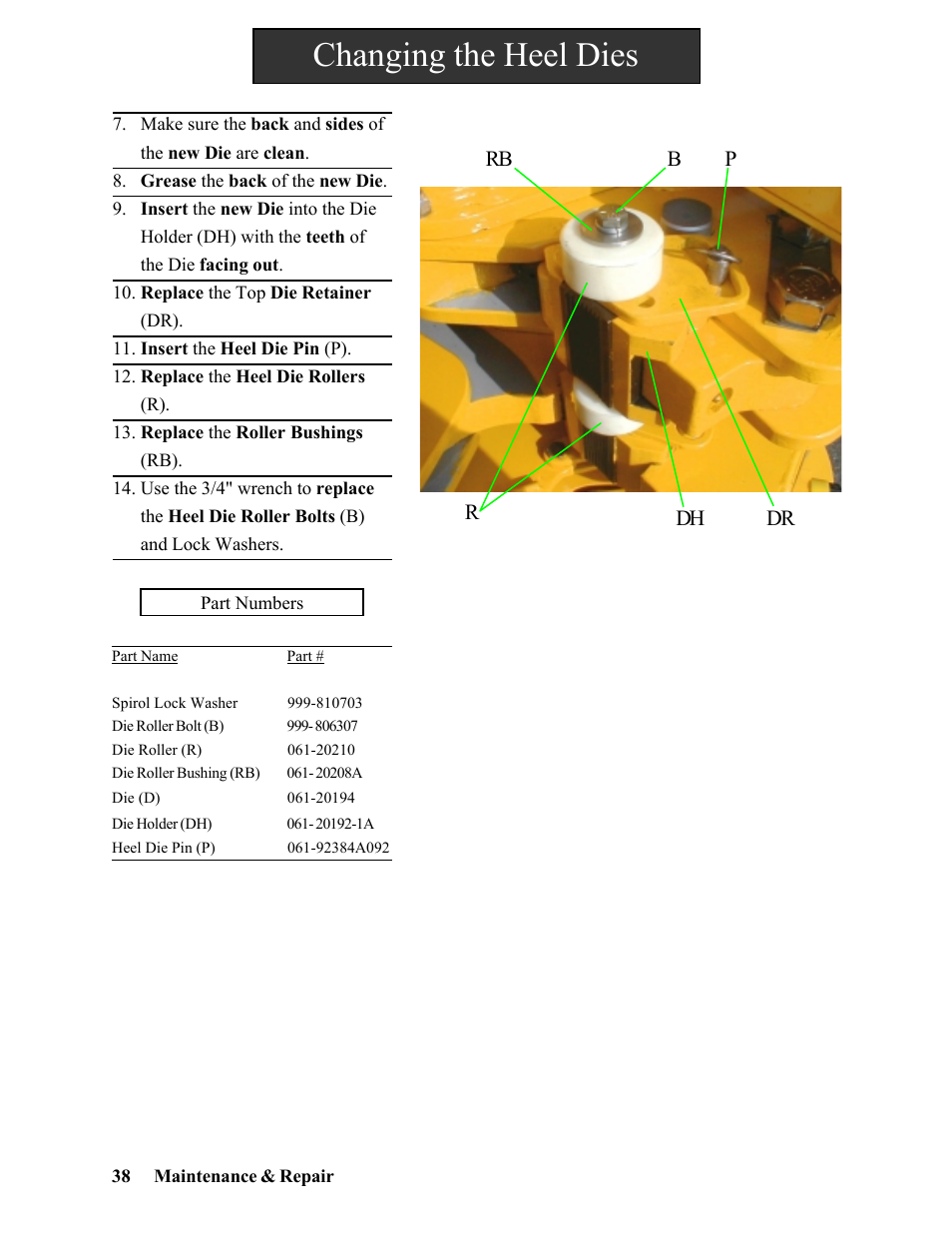 Changing the heel dies | Hawk Industries Hawkjaw Sr. Manual 100K-2GSR Serial Numbers 101 to 120 User Manual | Page 38 / 165