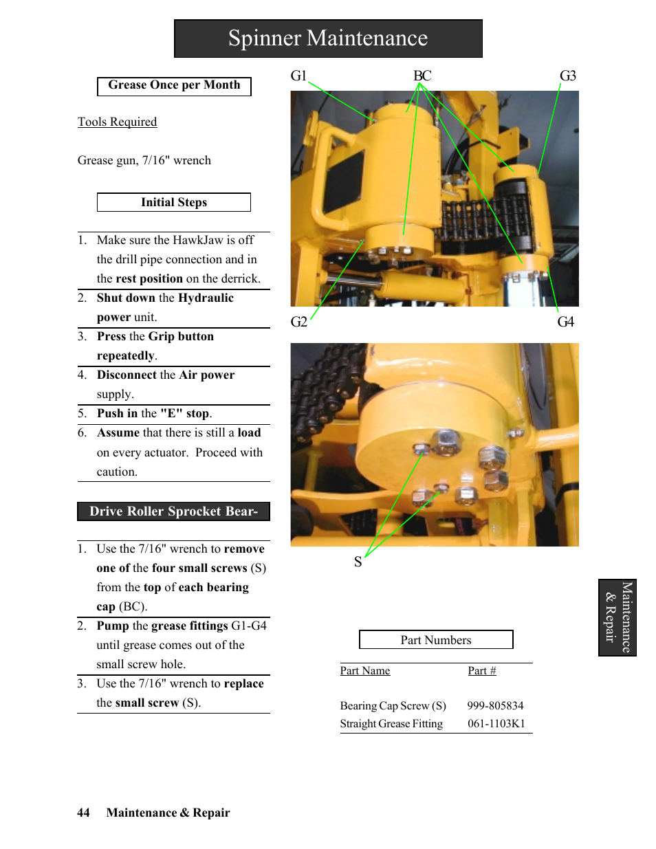Spinner maintenance | Hawk Industries Hawkjaw Sr. Manual 100K-2GSR Serial Numbers 101 to 120 User Manual | Page 44 / 165