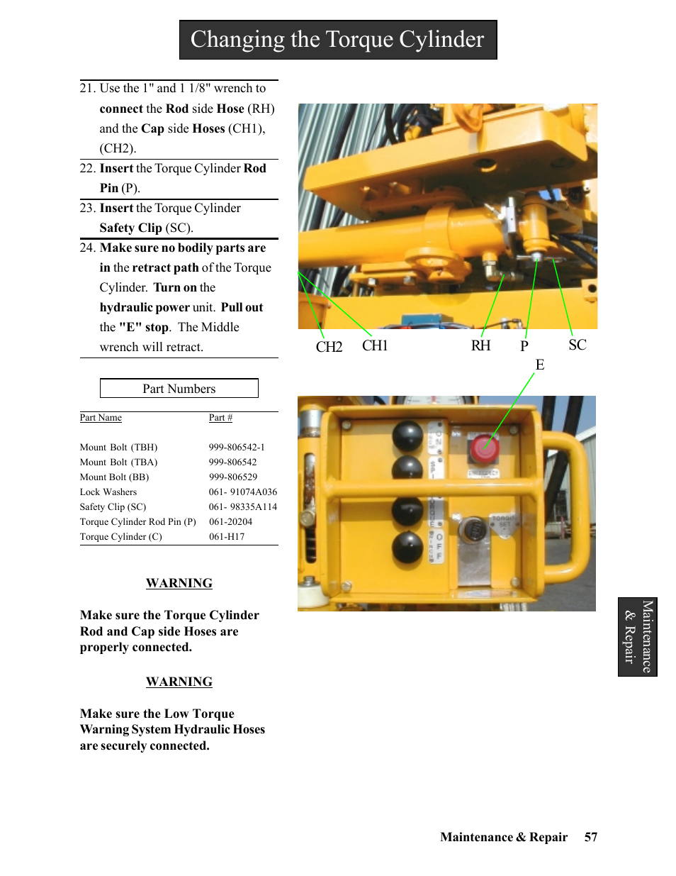 Changing the torque cylinder, Ch2 ch1 rh sc p | Hawk Industries Hawkjaw Sr. Manual 100K-2GSR Serial Numbers 101 to 120 User Manual | Page 57 / 165