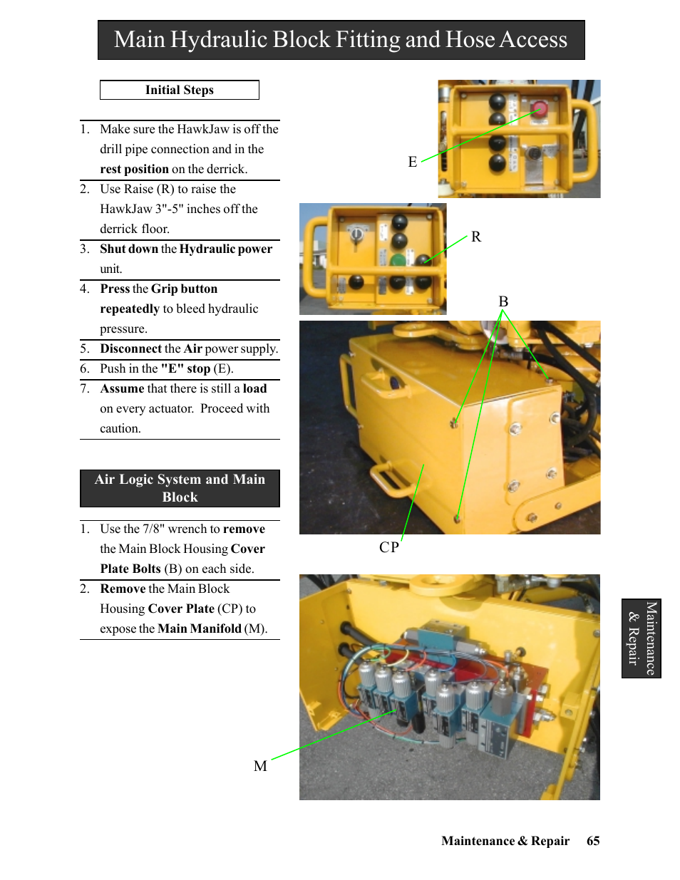 Main hydraulic block fitting and hose access | Hawk Industries Hawkjaw Sr. Manual 100K-2GSR Serial Numbers 101 to 120 User Manual | Page 65 / 165