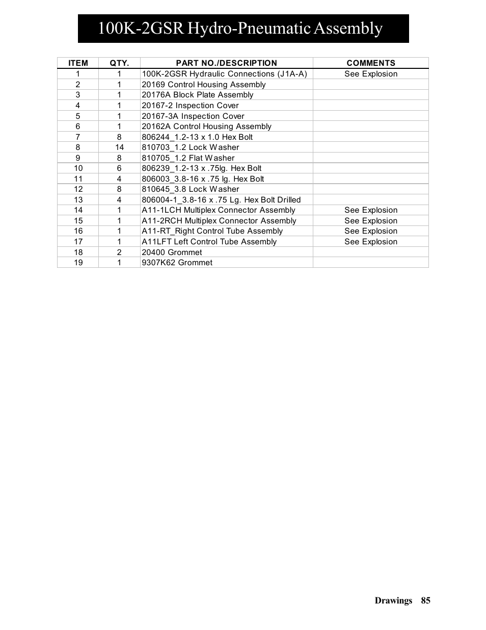 100k-2gsr hydro-pneumatic assembly | Hawk Industries Hawkjaw Sr. Manual 100K-2GSR Serial Numbers 101 to 120 User Manual | Page 85 / 165