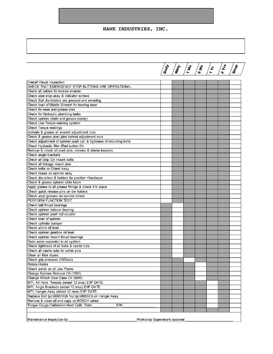 Maintenance schedule | Hawk Industries Hawkjaw Sr. Manual 100K-2GSR Serial Numbers 121 to 140 User Manual | Page 192 / 192