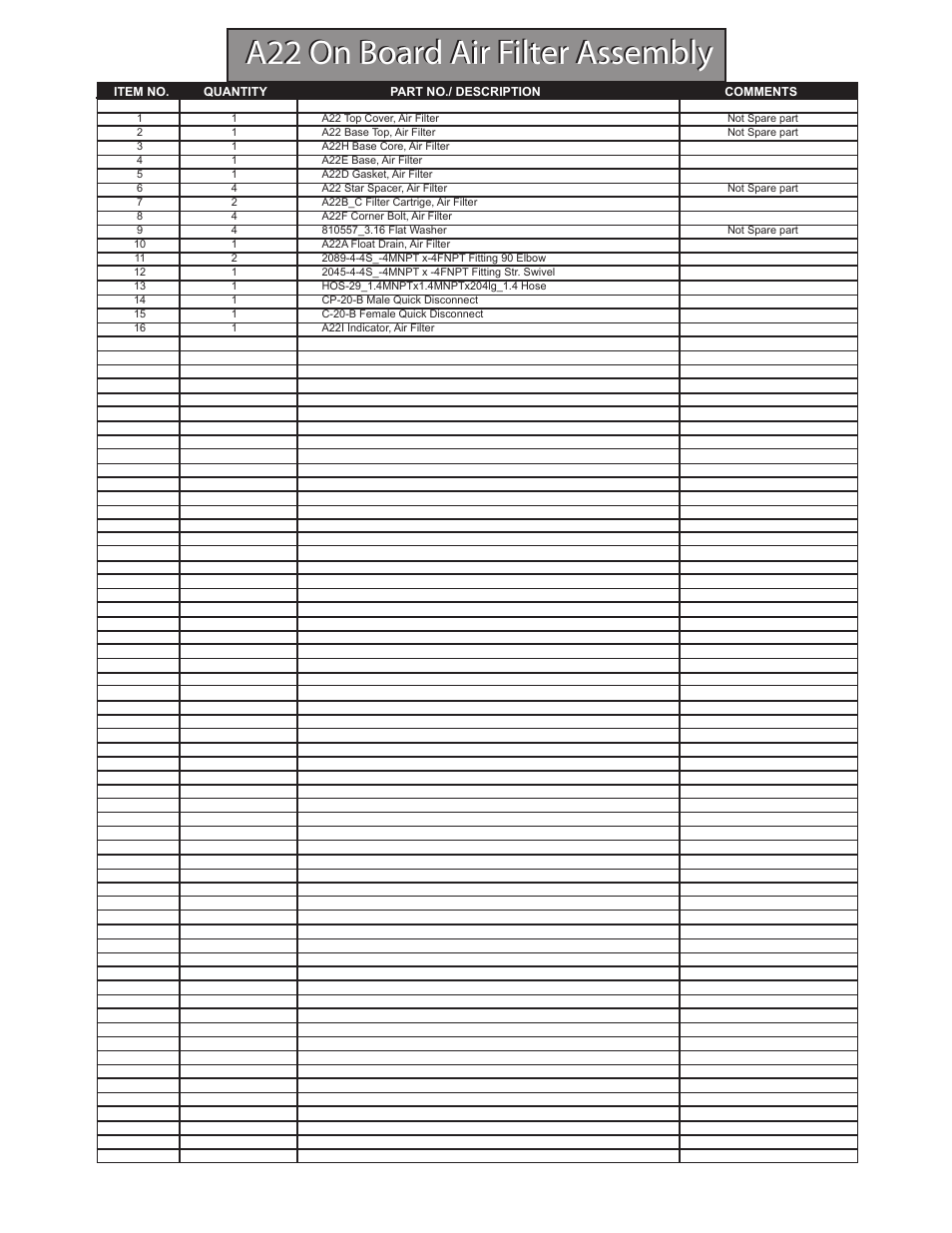 A22 on board air filter assembly | Hawk Industries Hawkjaw Sr. 100K-2GSR M100K Serial Numbers 141 to 200 User Manual | Page 147 / 215