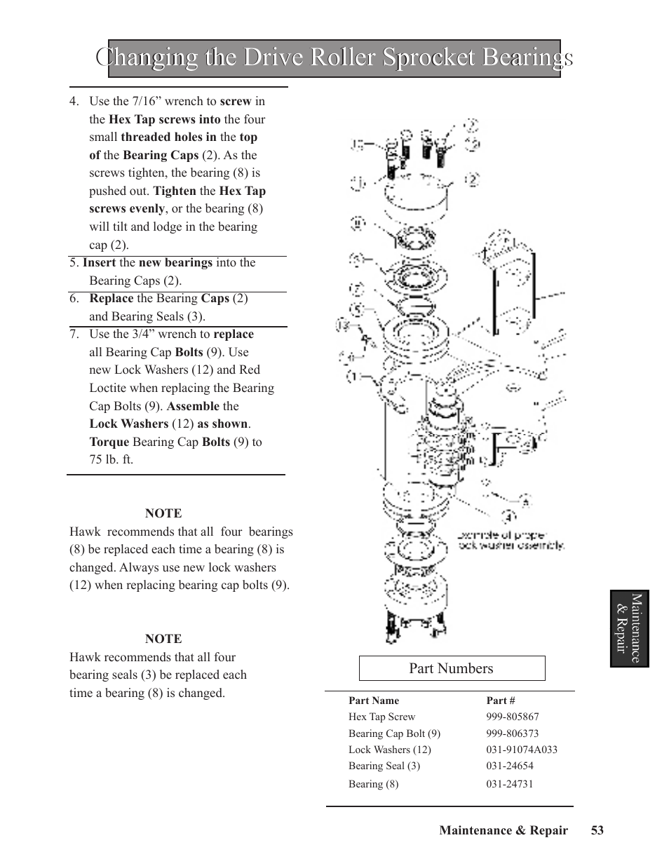 Changing the drive roller sprocket bearings | Hawk Industries Hawkjaw Sr. 100K-2GSR M100K Serial Numbers 141 to 200 User Manual | Page 55 / 215