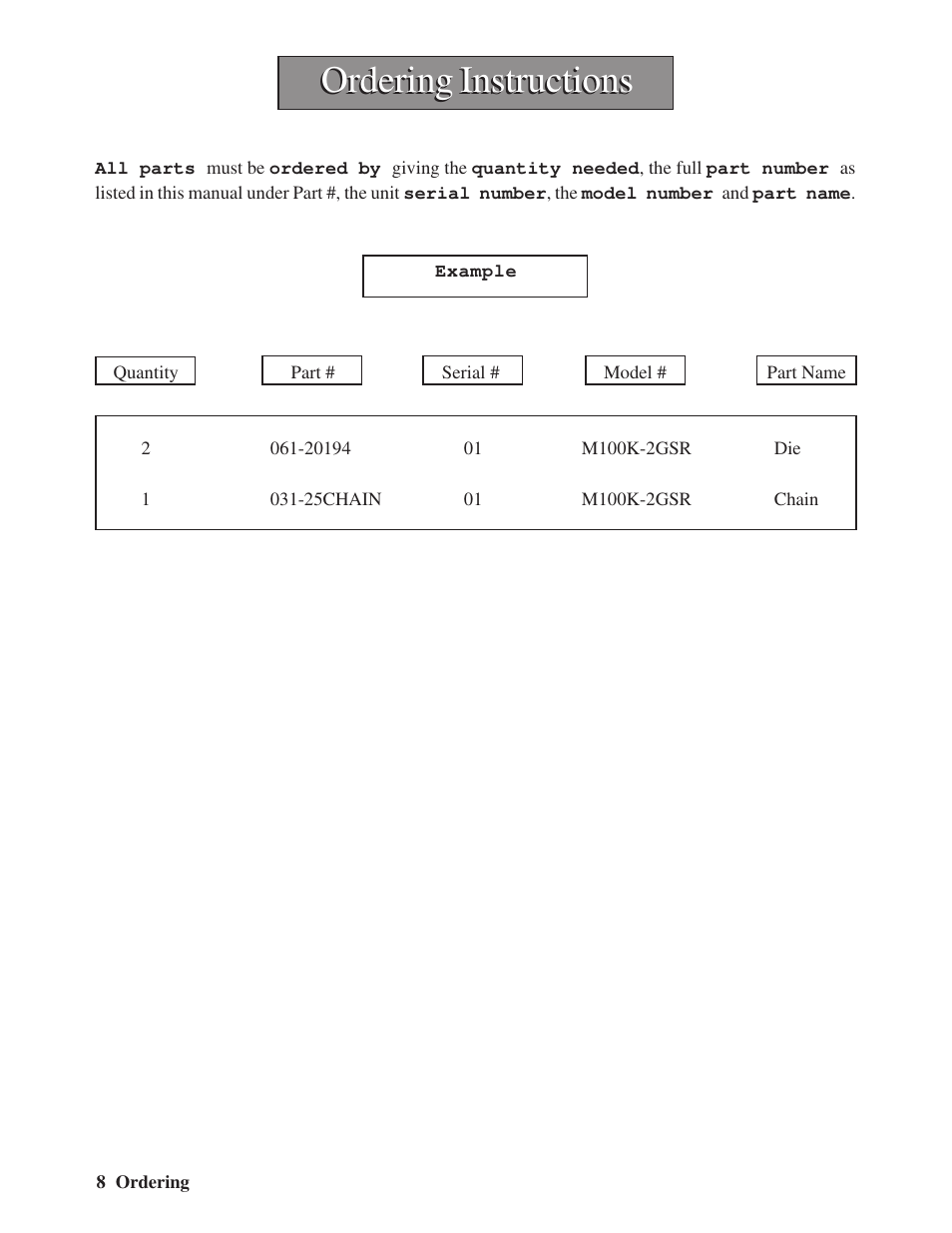 Ordering instructions | Hawk Industries Hawkjaw Sr. Manual M100K-2GSR Serial Numbers 201 to 370 User Manual | Page 10 / 215
