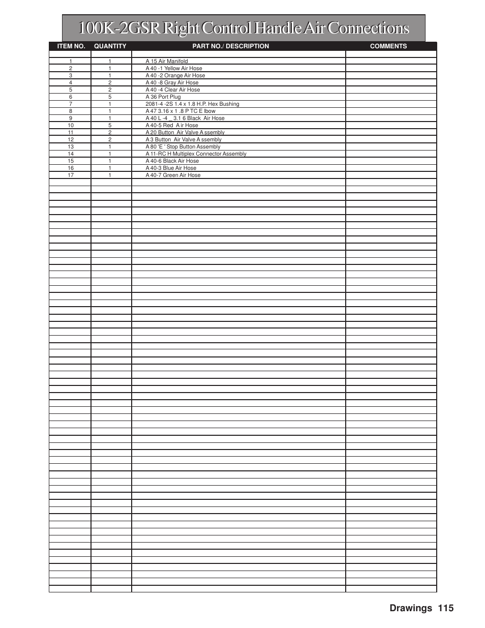 100k-2gsr right control handle air connections, Drawings 115 | Hawk Industries Hawkjaw Sr. Manual M100K-2GSR Serial Numbers 201 to 370 User Manual | Page 117 / 215