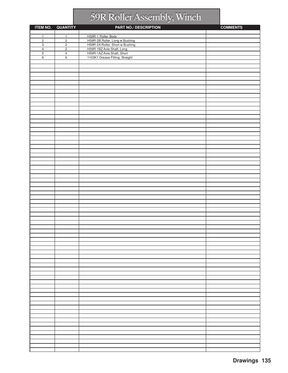 59r roller assembly, winch, Drawings 135 | Hawk Industries Hawkjaw Sr. Manual M100K-2GSR Serial Numbers 201 to 370 User Manual | Page 137 / 215