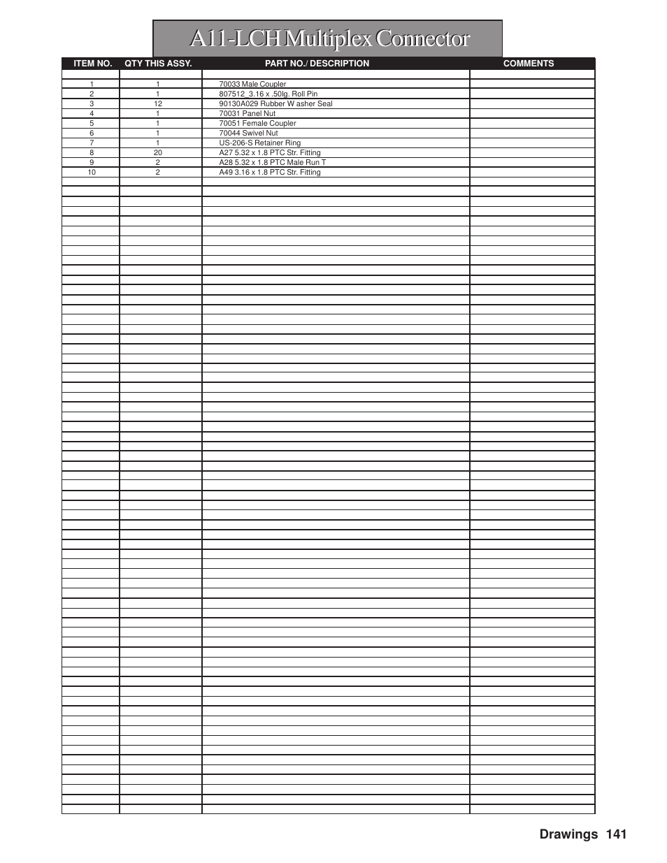 A11-lch multiplex connector, Drawings 141 | Hawk Industries Hawkjaw Sr. Manual M100K-2GSR Serial Numbers 201 to 370 User Manual | Page 143 / 215