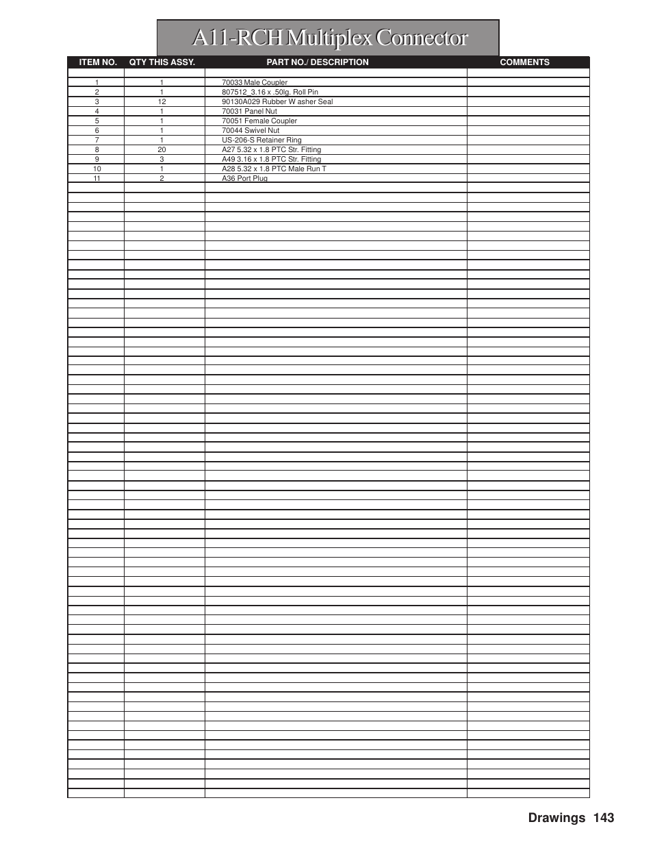 A11-rch multiplex connector, Drawings 143 | Hawk Industries Hawkjaw Sr. Manual M100K-2GSR Serial Numbers 201 to 370 User Manual | Page 145 / 215