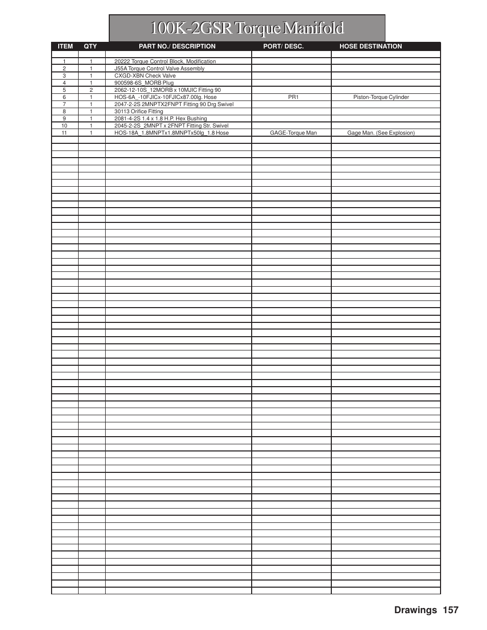 100k-2gsr torque manifold, Drawings 157 | Hawk Industries Hawkjaw Sr. Manual M100K-2GSR Serial Numbers 201 to 370 User Manual | Page 159 / 215