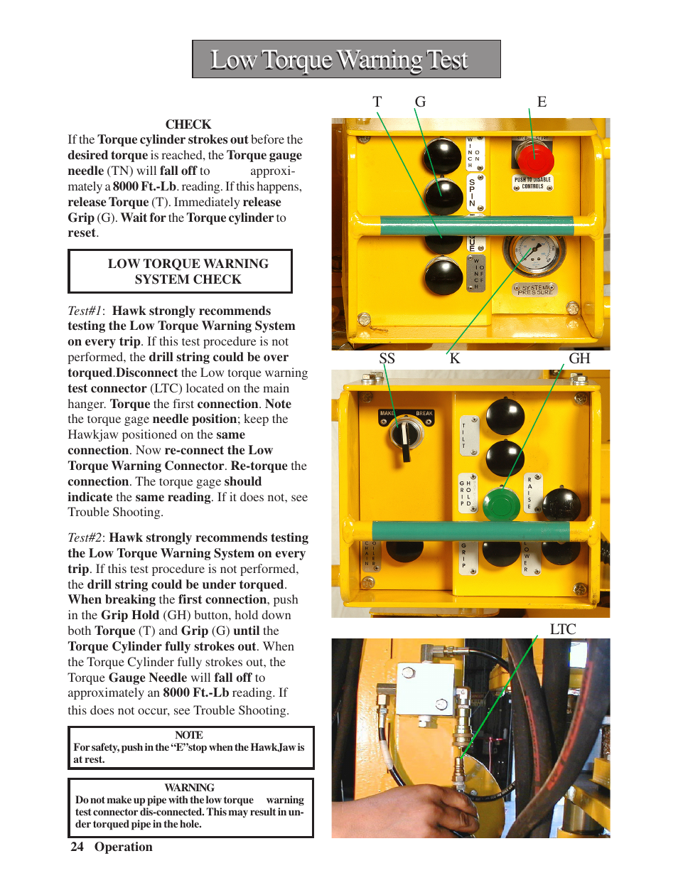 Low torque warning test | Hawk Industries Hawkjaw Sr. Manual M100K-2GSR Serial Numbers 201 to 370 User Manual | Page 26 / 215