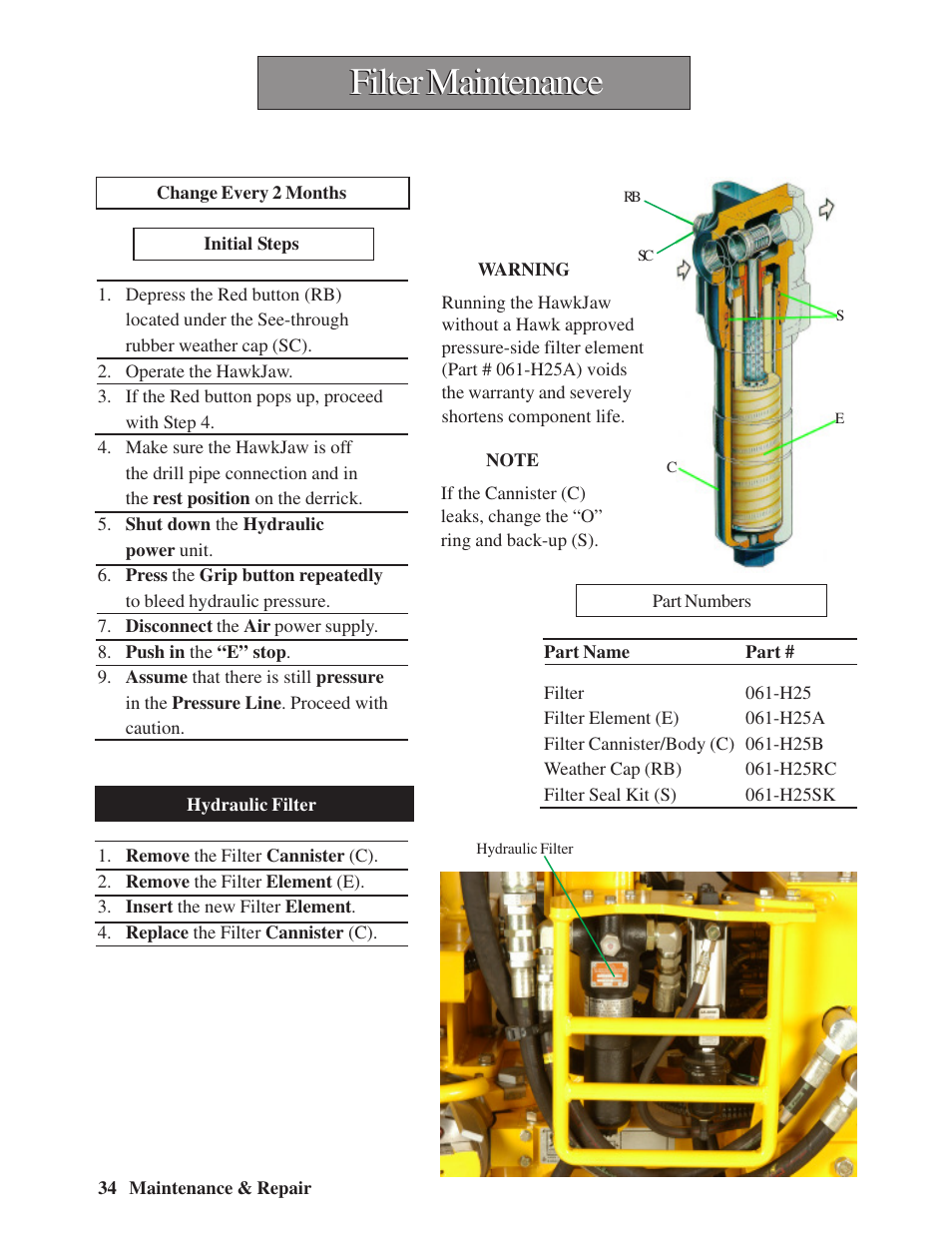 Filter maintenance | Hawk Industries Hawkjaw Sr. Manual M100K-2GSR Serial Numbers 201 to 370 User Manual | Page 36 / 215