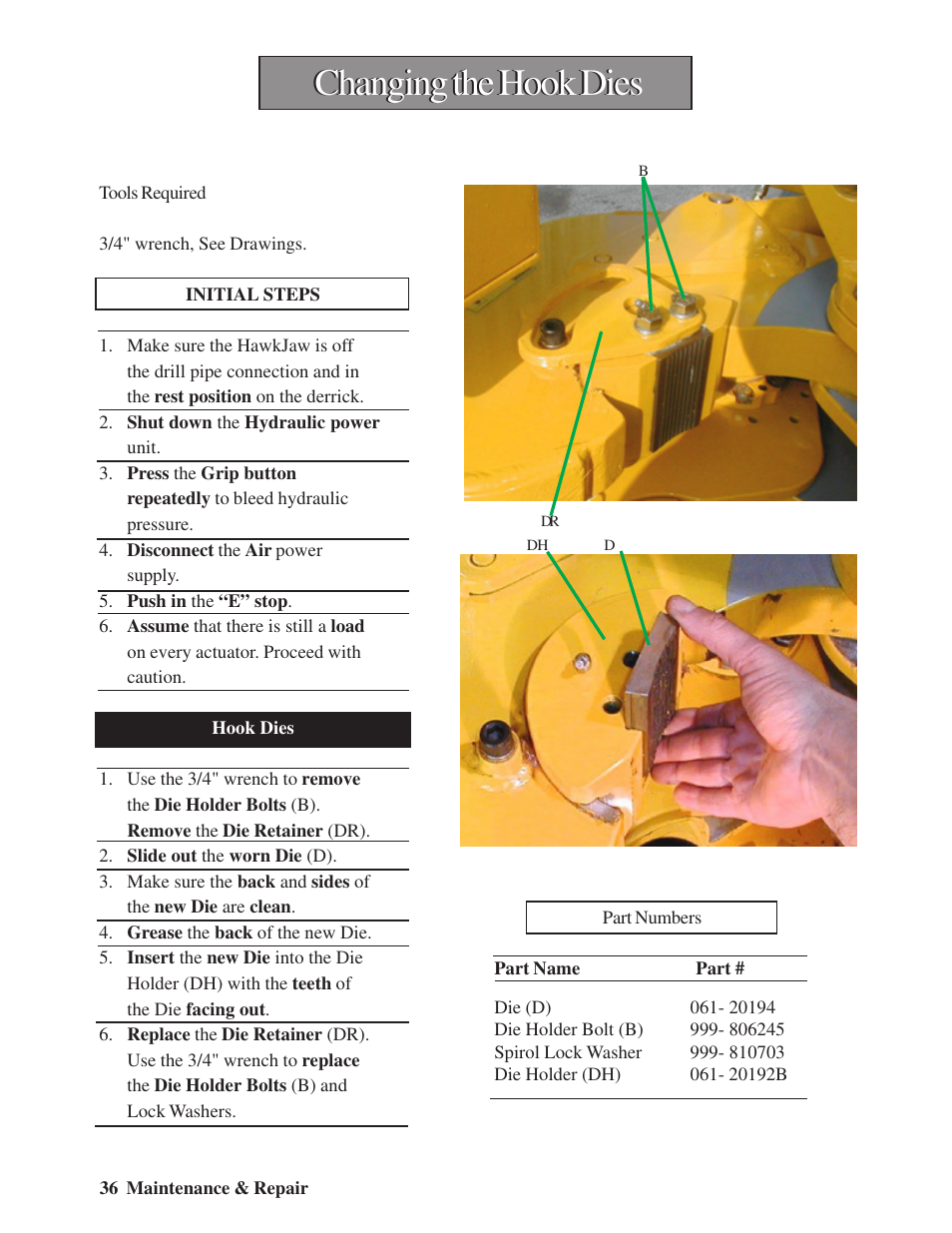 Changing the hook dies | Hawk Industries Hawkjaw Sr. Manual M100K-2GSR Serial Numbers 201 to 370 User Manual | Page 38 / 215
