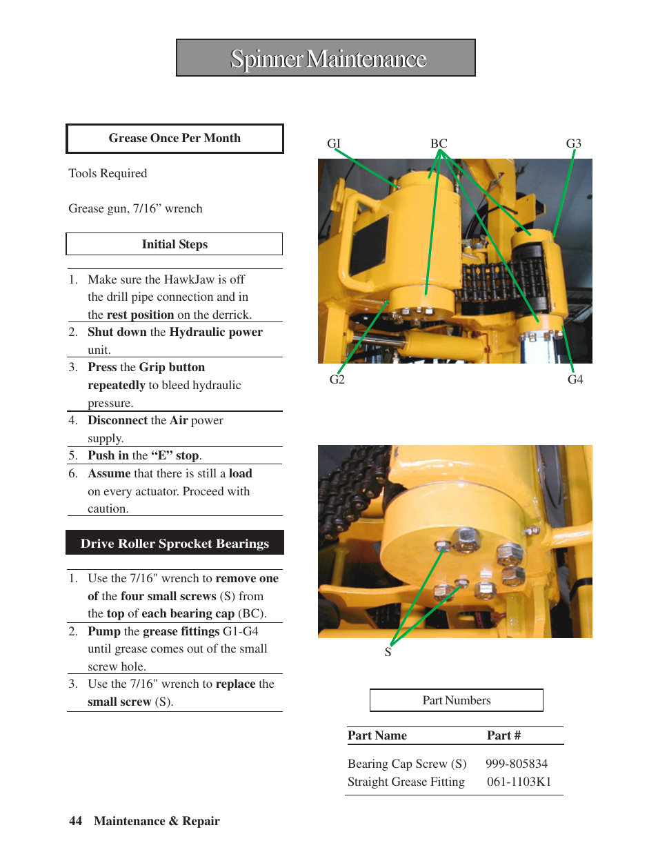 Spinner maintenance | Hawk Industries Hawkjaw Sr. Manual M100K-2GSR Serial Numbers 201 to 370 User Manual | Page 46 / 215