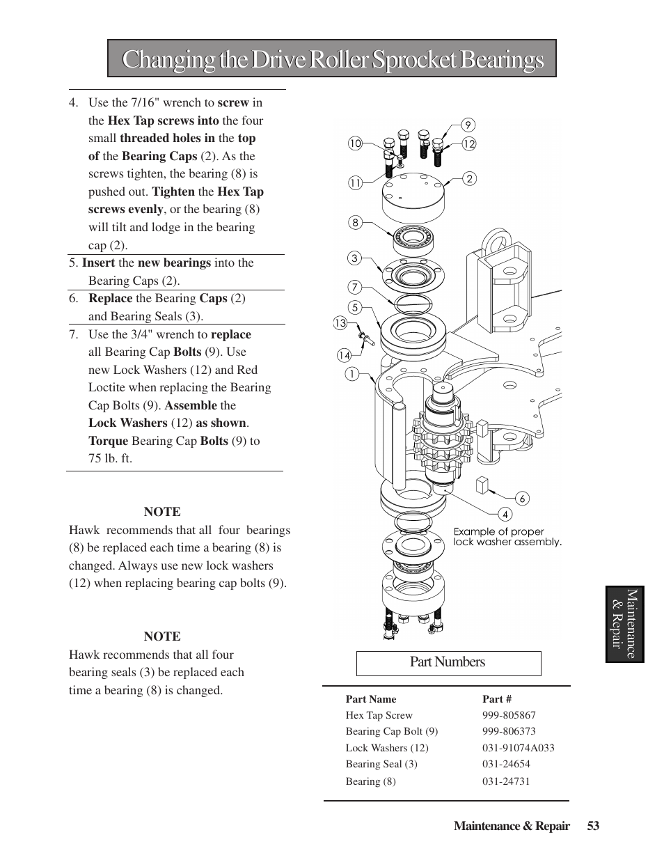 Changing the drive roller sprocket bearings | Hawk Industries Hawkjaw Sr. Manual M100K-2GSR Serial Numbers 201 to 370 User Manual | Page 55 / 215