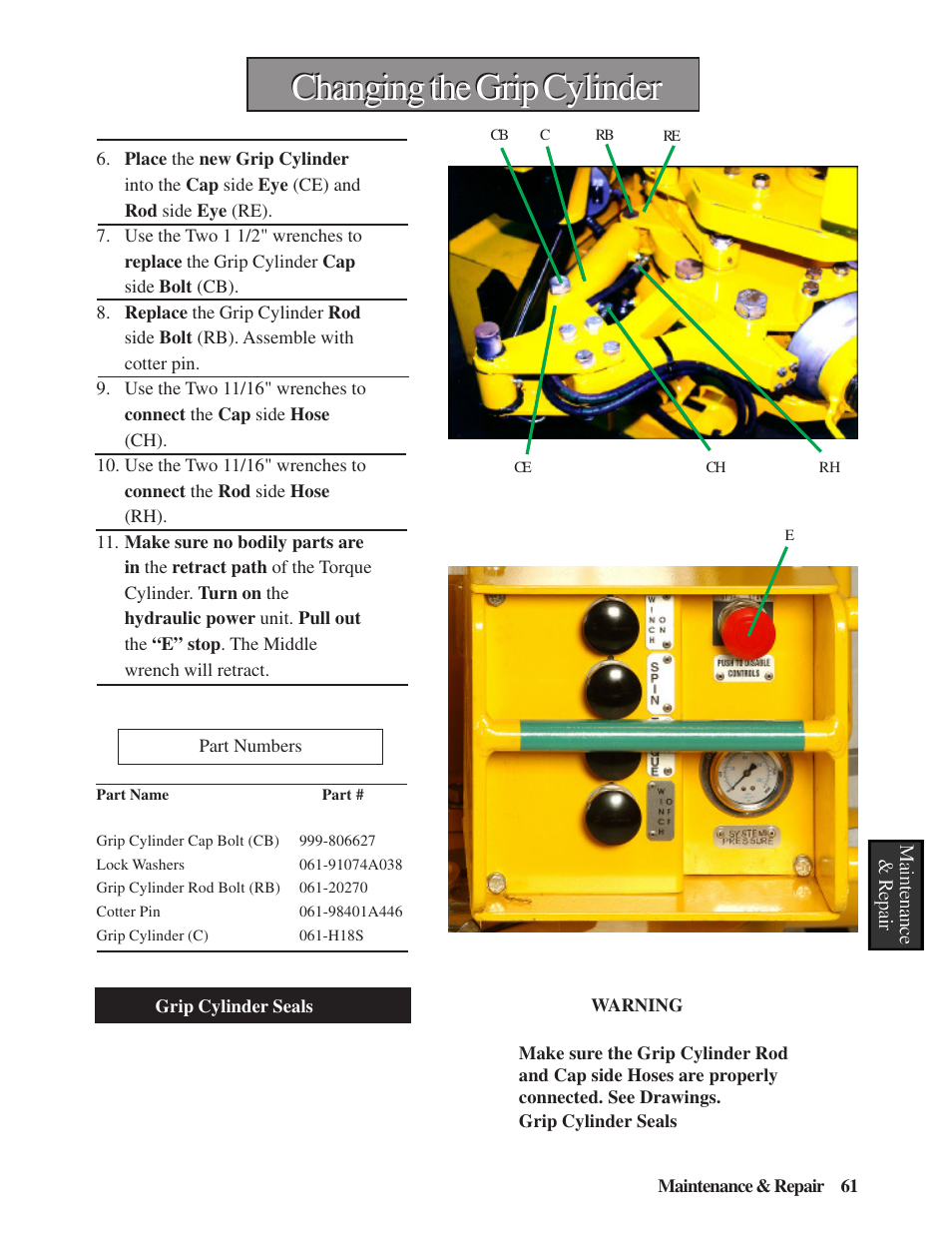 Changing the grip cylinder | Hawk Industries Hawkjaw Sr. Manual M100K-2GSR Serial Numbers 201 to 370 User Manual | Page 63 / 215