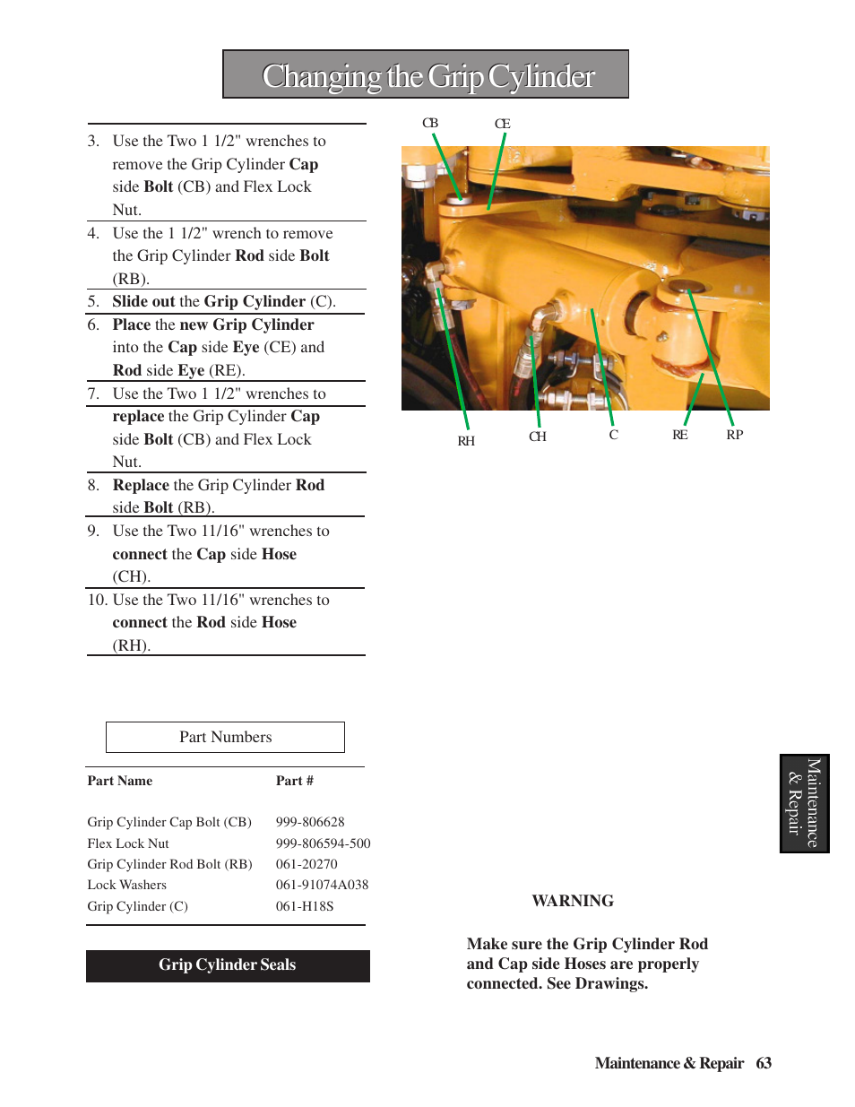 Changing the grip cylinder | Hawk Industries Hawkjaw Sr. Manual M100K-2GSR Serial Numbers 201 to 370 User Manual | Page 65 / 215