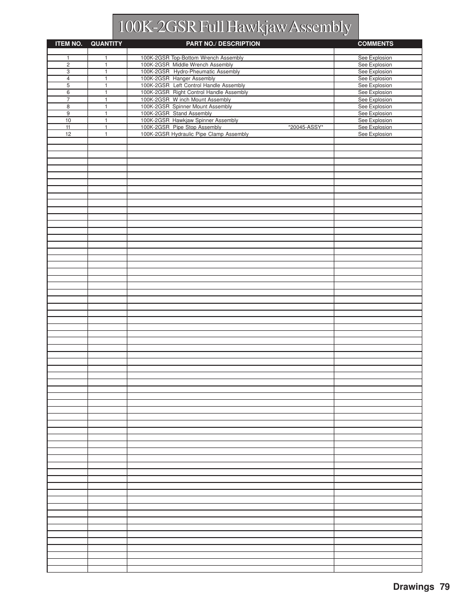 100k-2gsr full hawkjaw assembly, Drawings 79 | Hawk Industries Hawkjaw Sr. Manual M100K-2GSR Serial Numbers 201 to 370 User Manual | Page 81 / 215