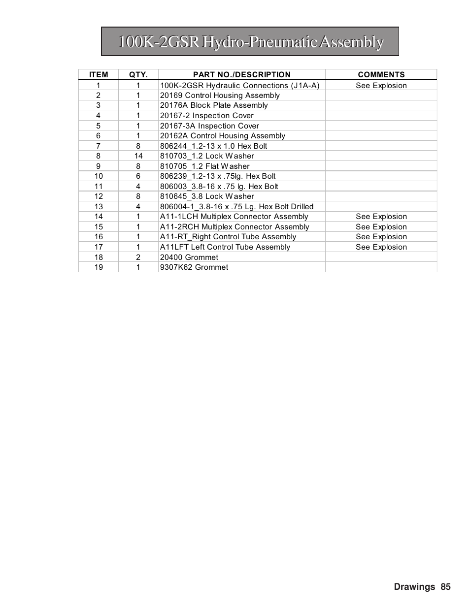 100k-2gsr hydro-pneumatic assembly | Hawk Industries Hawkjaw Sr. Manual M100K-2GSR Serial Numbers 201 to 370 User Manual | Page 87 / 215