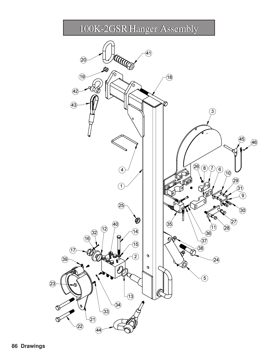 100k-2gsr hangerassembly, 100k-2gsr hanger assembly | Hawk Industries Hawkjaw Sr. Manual M100K-2GSR Serial Numbers 201 to 370 User Manual | Page 88 / 215