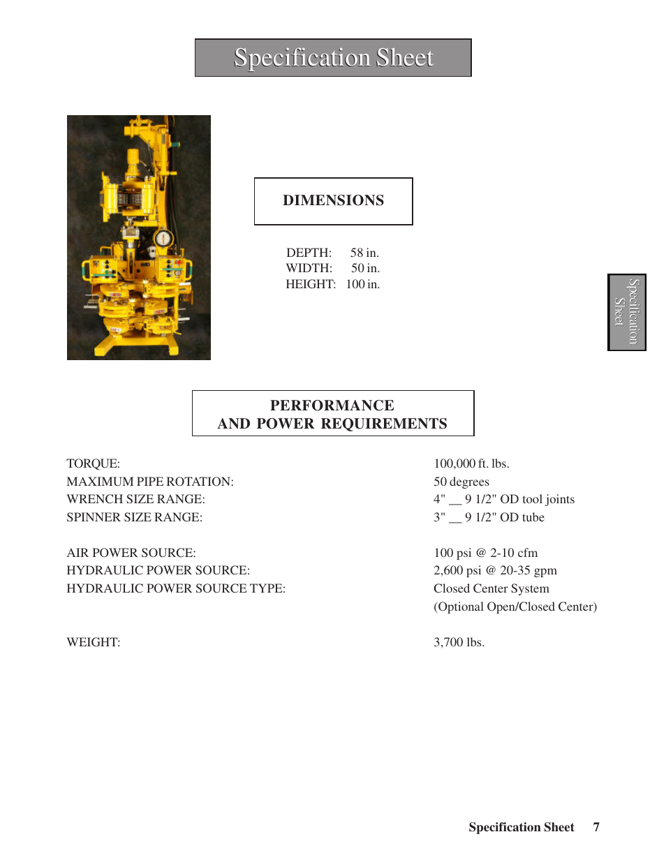 Specification sheet | Hawk Industries Hawkjaw Sr. Manual M100K-2GSR Serial Numbers 201 to 370 User Manual | Page 9 / 215