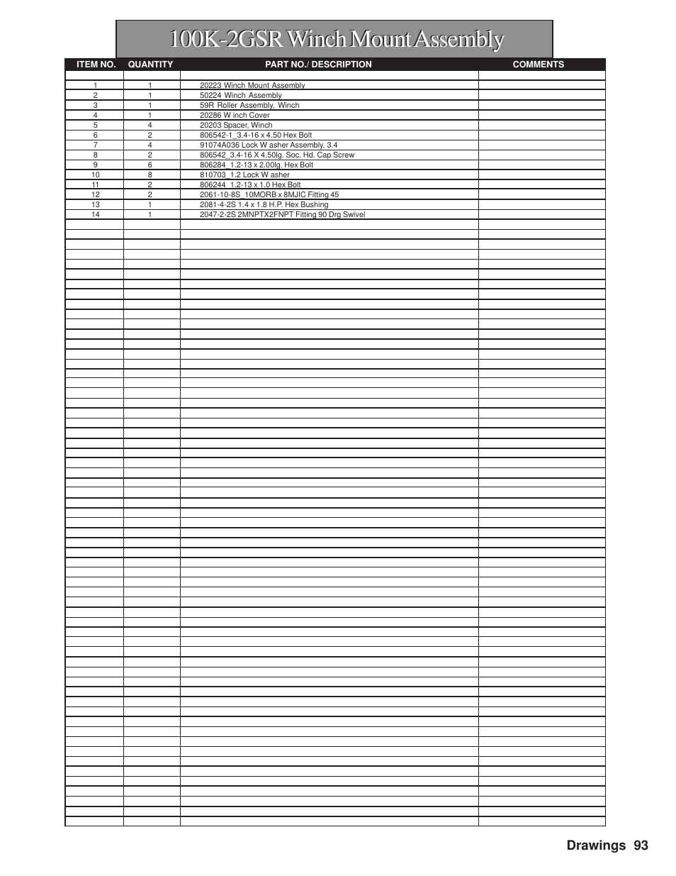 100k-2gsr winch mount assembly, Drawings 93 | Hawk Industries Hawkjaw Sr. Manual M100K-2GSR Serial Numbers 201 to 370 User Manual | Page 95 / 215