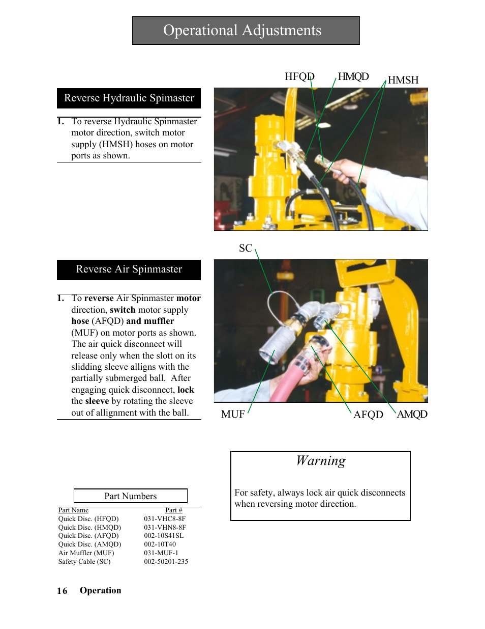 Operational adjustments, Warning | Hawk Industries Spinner Manual 550 HYDRAULIC Serial Numbers 1 to 205 User Manual | Page 16 / 81