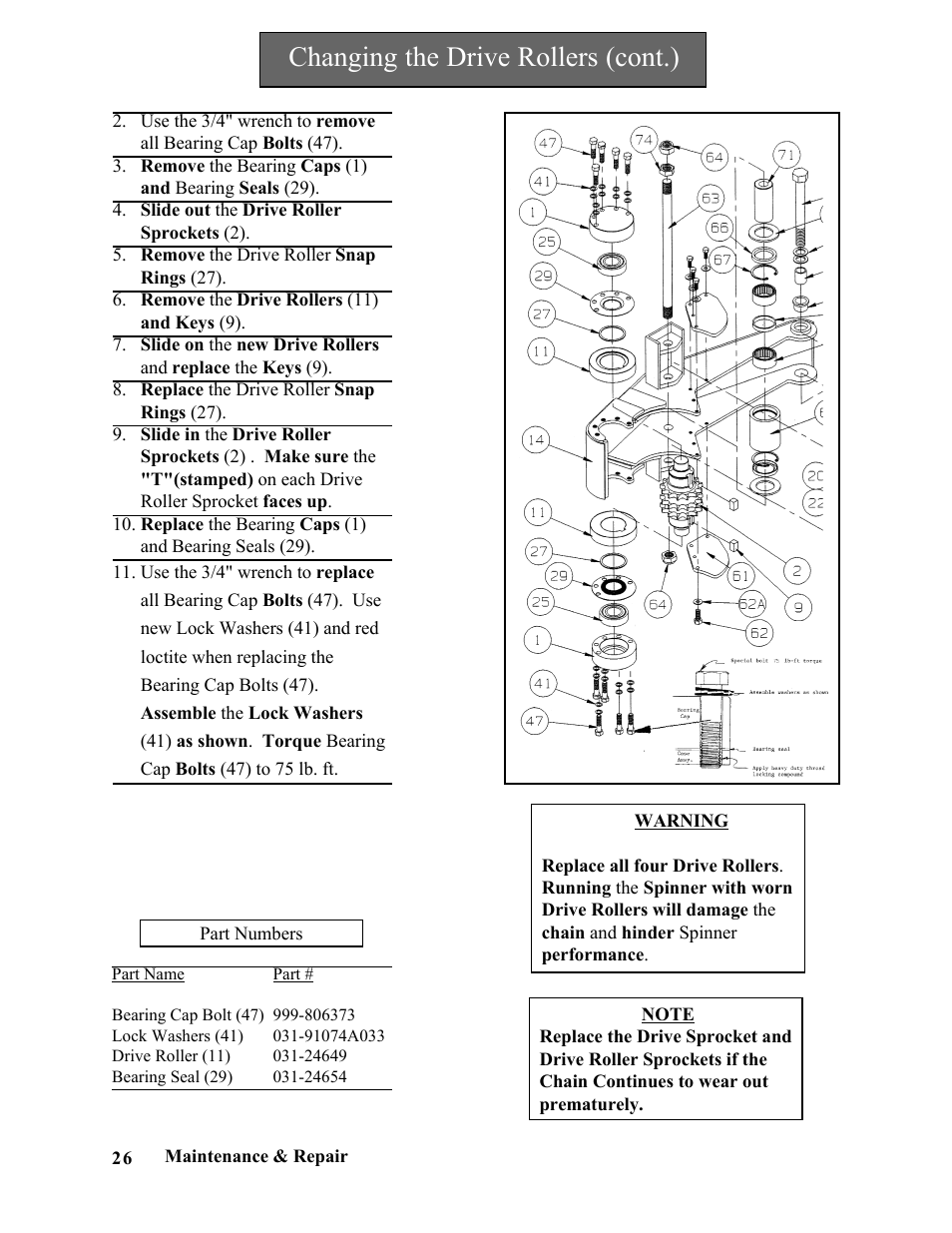 Changing the drive rollers (cont.) | Hawk Industries Spinner Manual 550 HYDRAULIC Serial Numbers 1 to 205 User Manual | Page 26 / 81