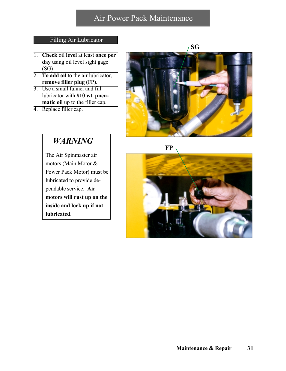 Air power pack maintenance, Warning | Hawk Industries Spinner Manual 550 HYDRAULIC Serial Numbers 1 to 205 User Manual | Page 31 / 81