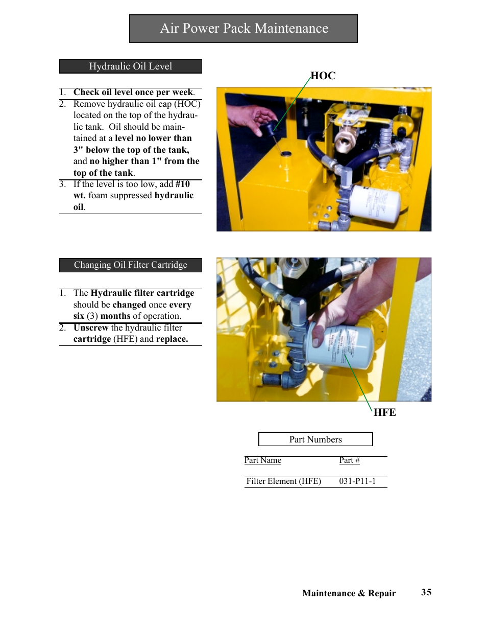 Air power pack maintenance | Hawk Industries Spinner Manual 550 HYDRAULIC Serial Numbers 1 to 205 User Manual | Page 35 / 81