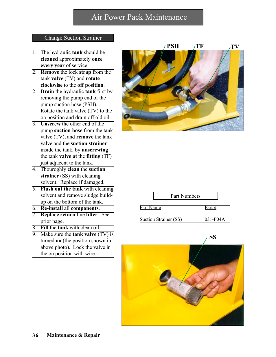 Air power pack maintenance | Hawk Industries Spinner Manual 550 HYDRAULIC Serial Numbers 1 to 205 User Manual | Page 36 / 81