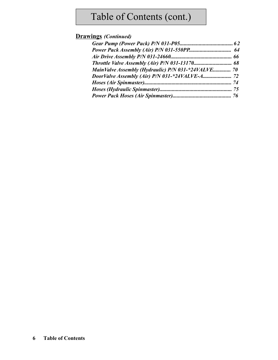 Table of contents (cont.) | Hawk Industries Spinner Manual 550 HYDRAULIC Serial Numbers 1 to 205 User Manual | Page 6 / 81