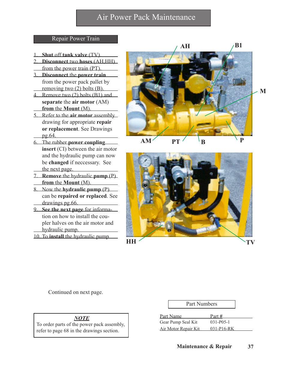 Air power pack maintenance | Hawk Industries Spinner Manual 550 HYDRAULIC Serial Numbers 206 to 591 User Manual | Page 37 / 101