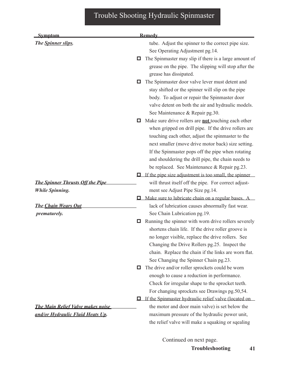 Trouble shooting hydraulic spinmaster | Hawk Industries Spinner Manual 550 HYDRAULIC Serial Numbers 206 to 591 User Manual | Page 41 / 101