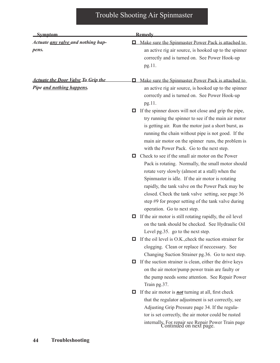 Trouble shooting air spinmaster | Hawk Industries Spinner Manual 550 HYDRAULIC Serial Numbers 206 to 591 User Manual | Page 44 / 101