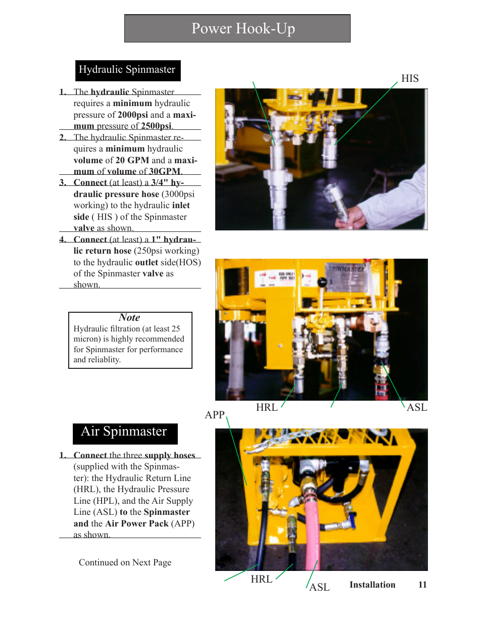 Power hook-up, Air spinmaster | Hawk Industries Spinner Manual 550 PNEUMATIC Serial Numbers 106 to 210 User Manual | Page 11 / 101