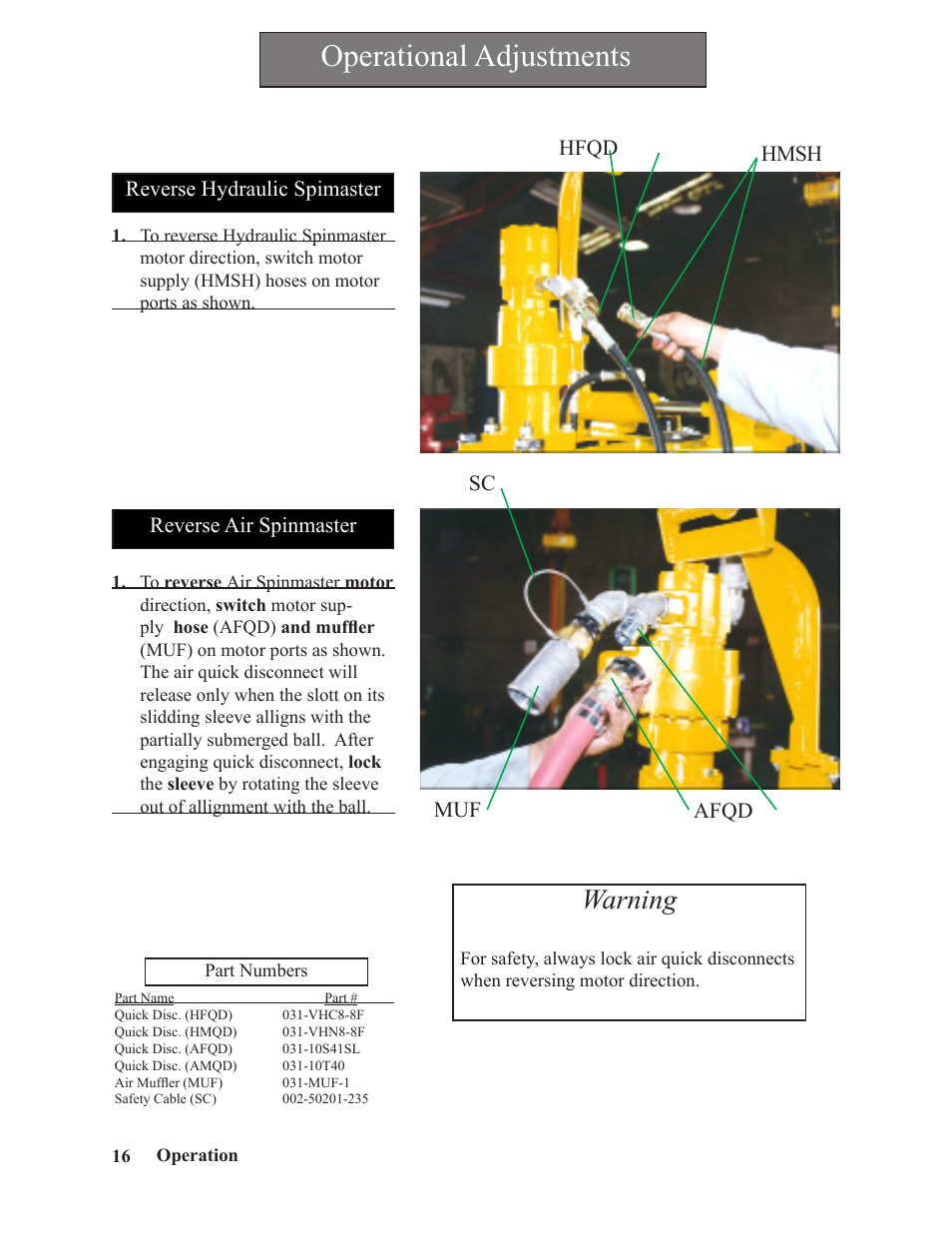 Operational adjustments, Warning | Hawk Industries Spinner Manual 550 PNEUMATIC Serial Numbers 106 to 210 User Manual | Page 16 / 101