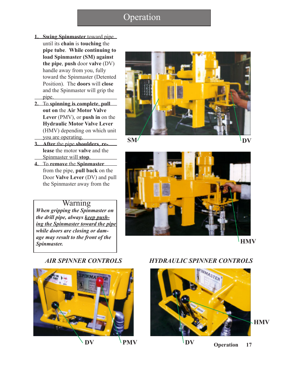Operation, Warning | Hawk Industries Spinner Manual 550 PNEUMATIC Serial Numbers 106 to 210 User Manual | Page 17 / 101