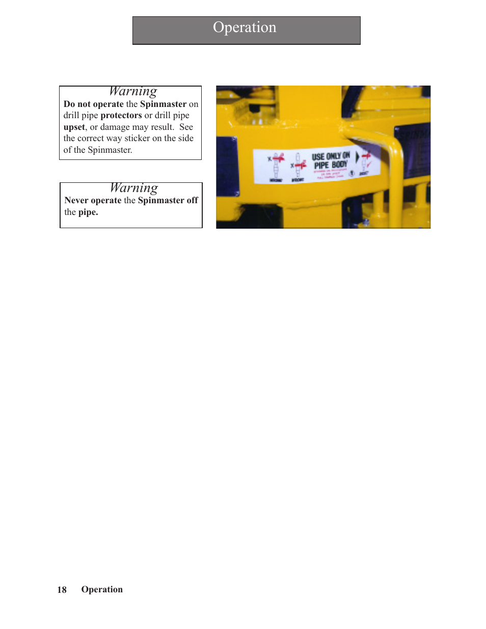 Operation, Warning | Hawk Industries Spinner Manual 550 PNEUMATIC Serial Numbers 106 to 210 User Manual | Page 18 / 101