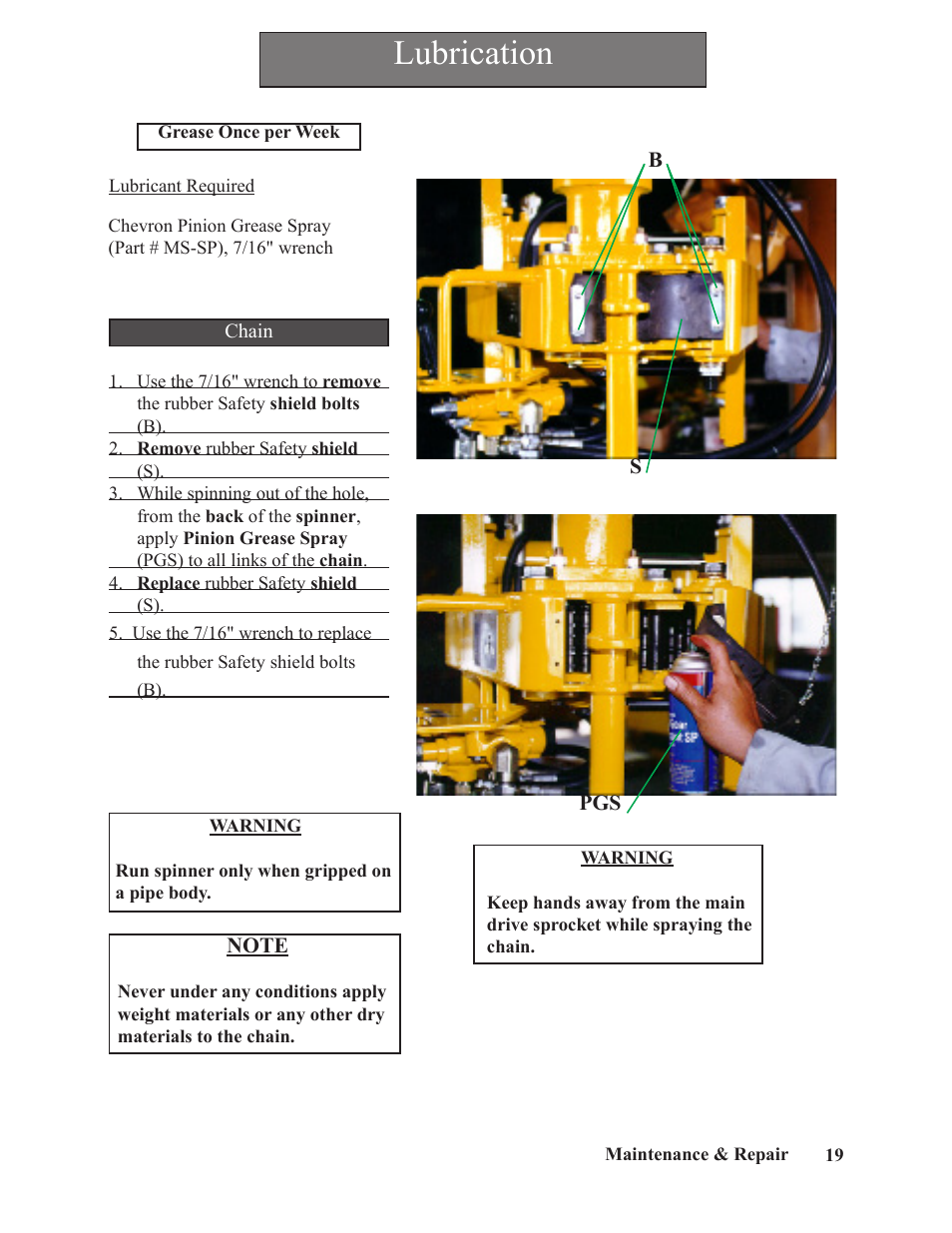 Lubrication | Hawk Industries Spinner Manual 550 PNEUMATIC Serial Numbers 106 to 210 User Manual | Page 19 / 101
