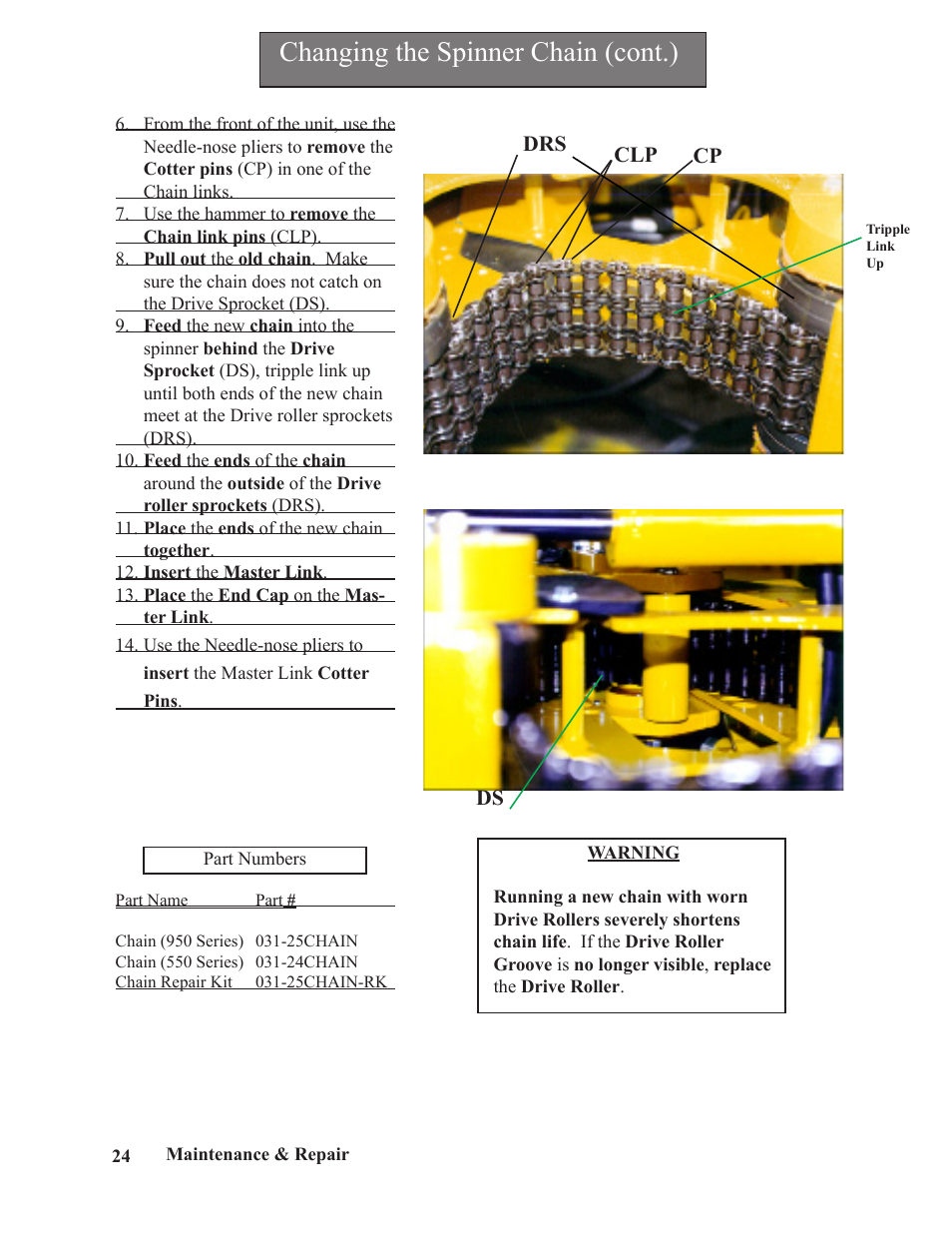 Changing the spinner chain (cont.) | Hawk Industries Spinner Manual 550 PNEUMATIC Serial Numbers 106 to 210 User Manual | Page 24 / 101