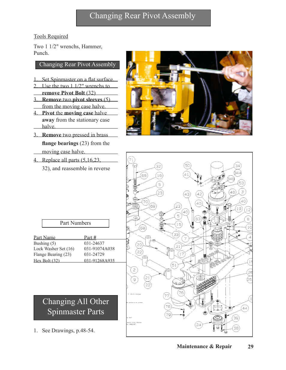 Changing rear pivot assembly, Changing all other spinmaster parts | Hawk Industries Spinner Manual 550 PNEUMATIC Serial Numbers 106 to 210 User Manual | Page 29 / 101