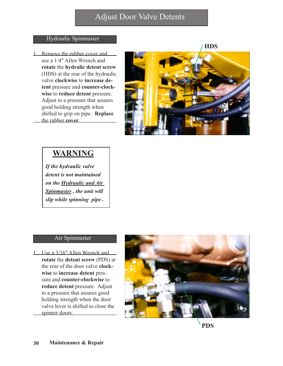 Adjust door valve detents, Warning | Hawk Industries Spinner Manual 550 PNEUMATIC Serial Numbers 106 to 210 User Manual | Page 30 / 101